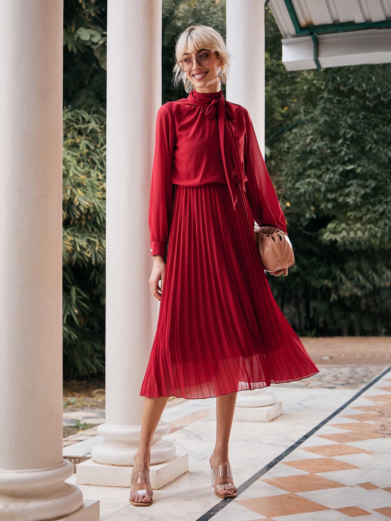 Buy Lyush Women Maroon Tie Up Neck Accordion Pleated Dress Online at Best Price Distacart