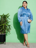Thumbnail for Lyush Women Blue Satin Jacquard Belted Shirt Dress - Distacart