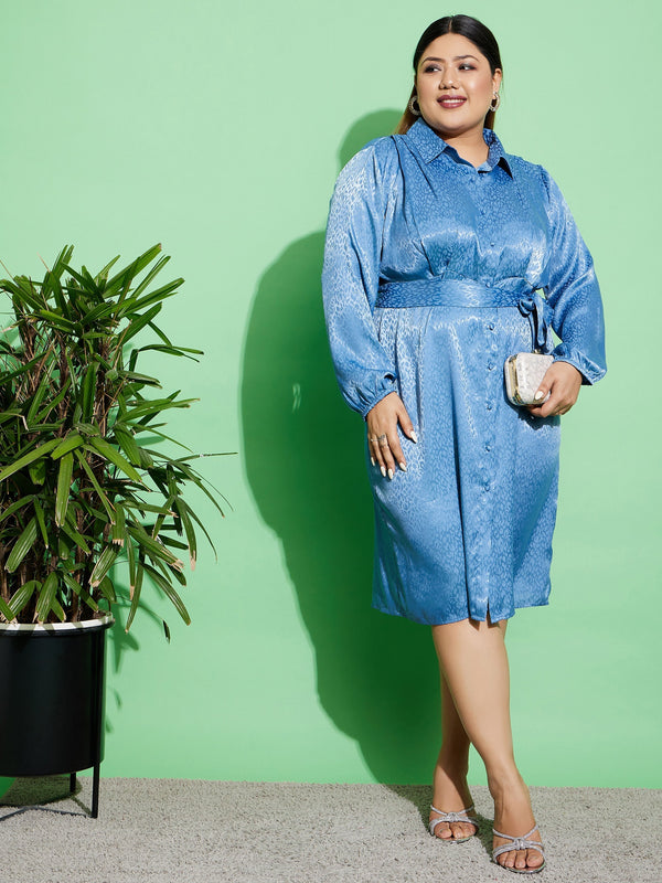 Lyush Women Blue Satin Jacquard Belted Shirt Dress - Distacart