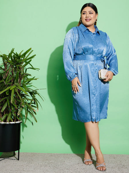 Lyush Women Blue Satin Jacquard Belted Shirt Dress - Distacart