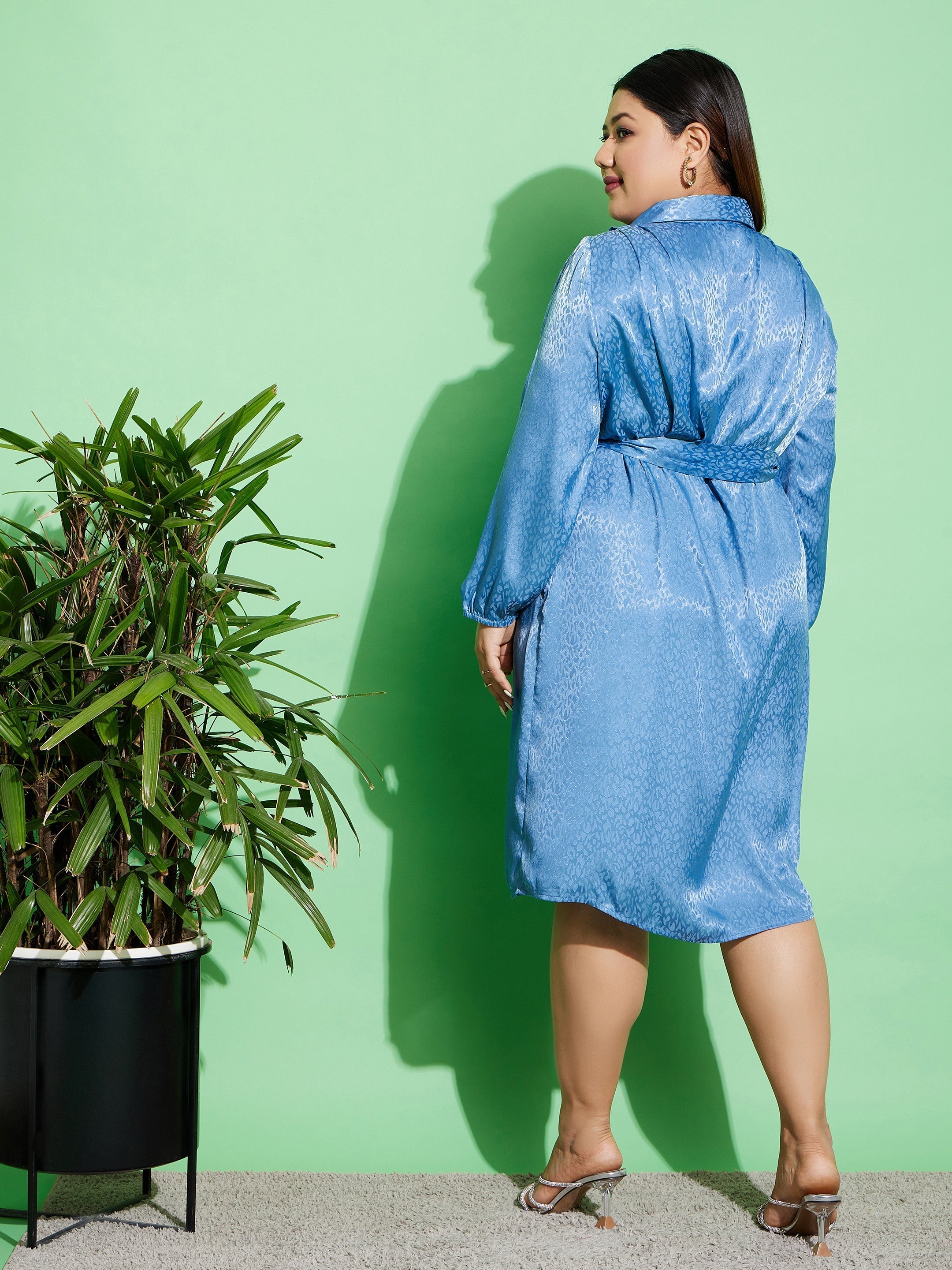 Lyush Women Blue Satin Jacquard Belted Shirt Dress - Distacart