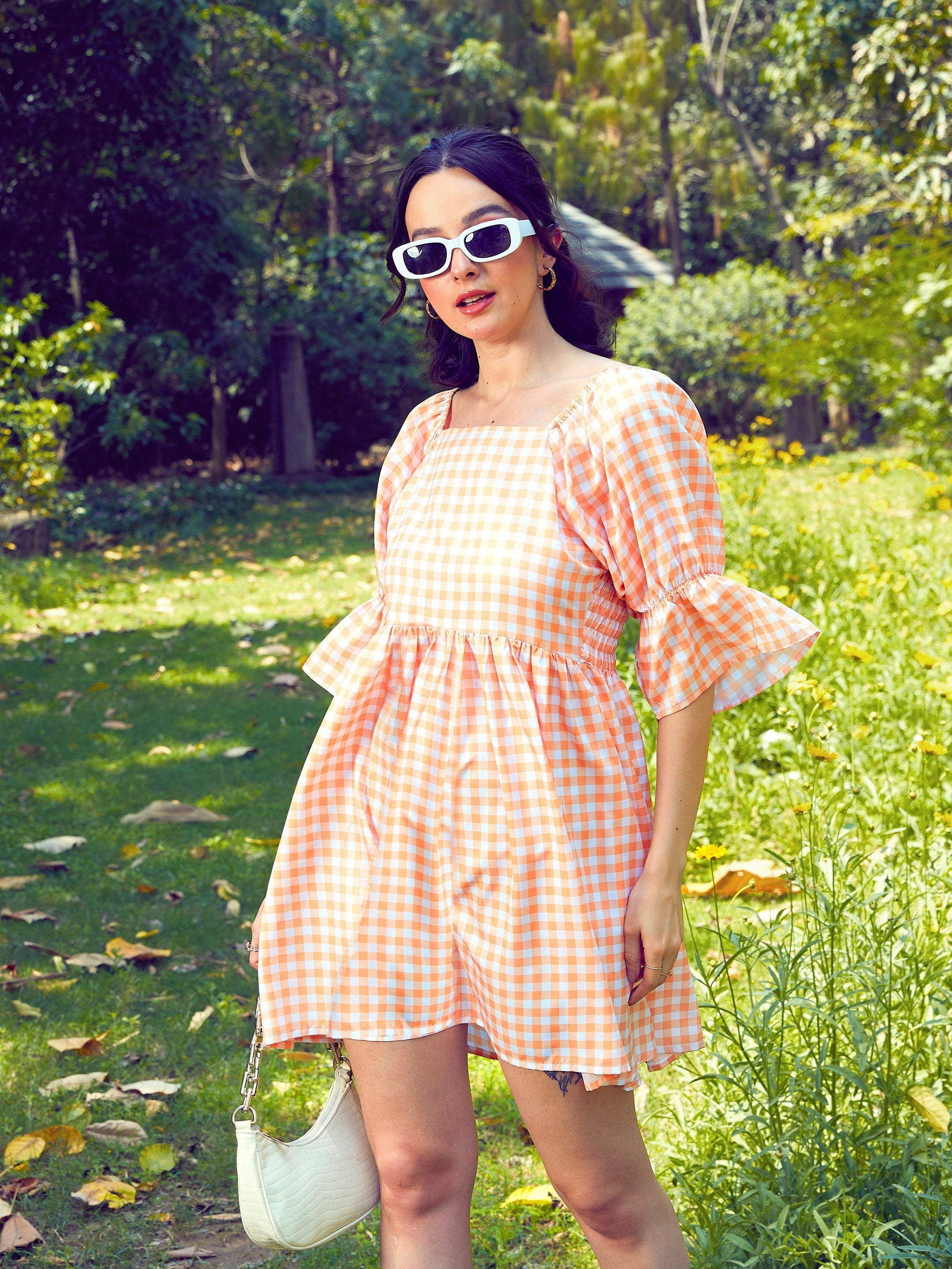 Buy Lyush Women Peach Check Puff Sleeves Mini Dress Online at Best