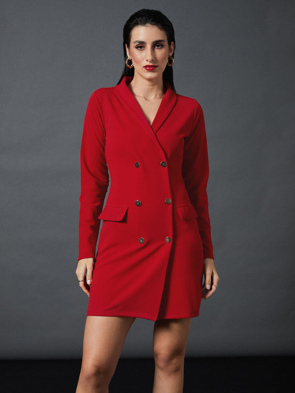 red belted blazer dress Fall Winter Lapel Collar Belted Blazer Dress