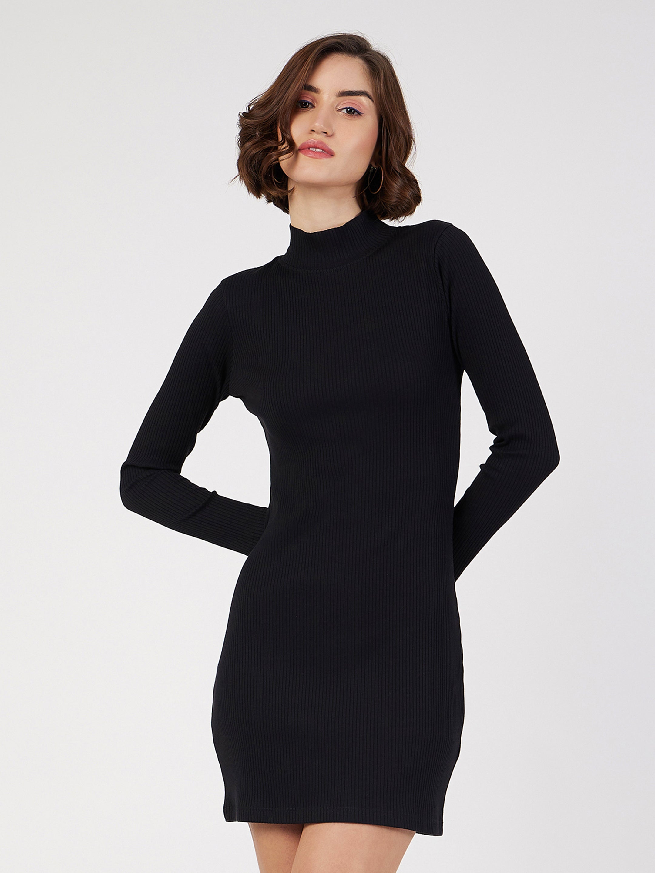 Buy Lyush Women Black Rib Turtle Neck Short Dress Online at Best