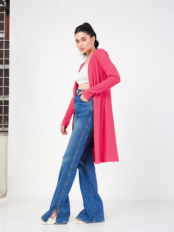 Women Navy Solid Rib Front Open Shrug