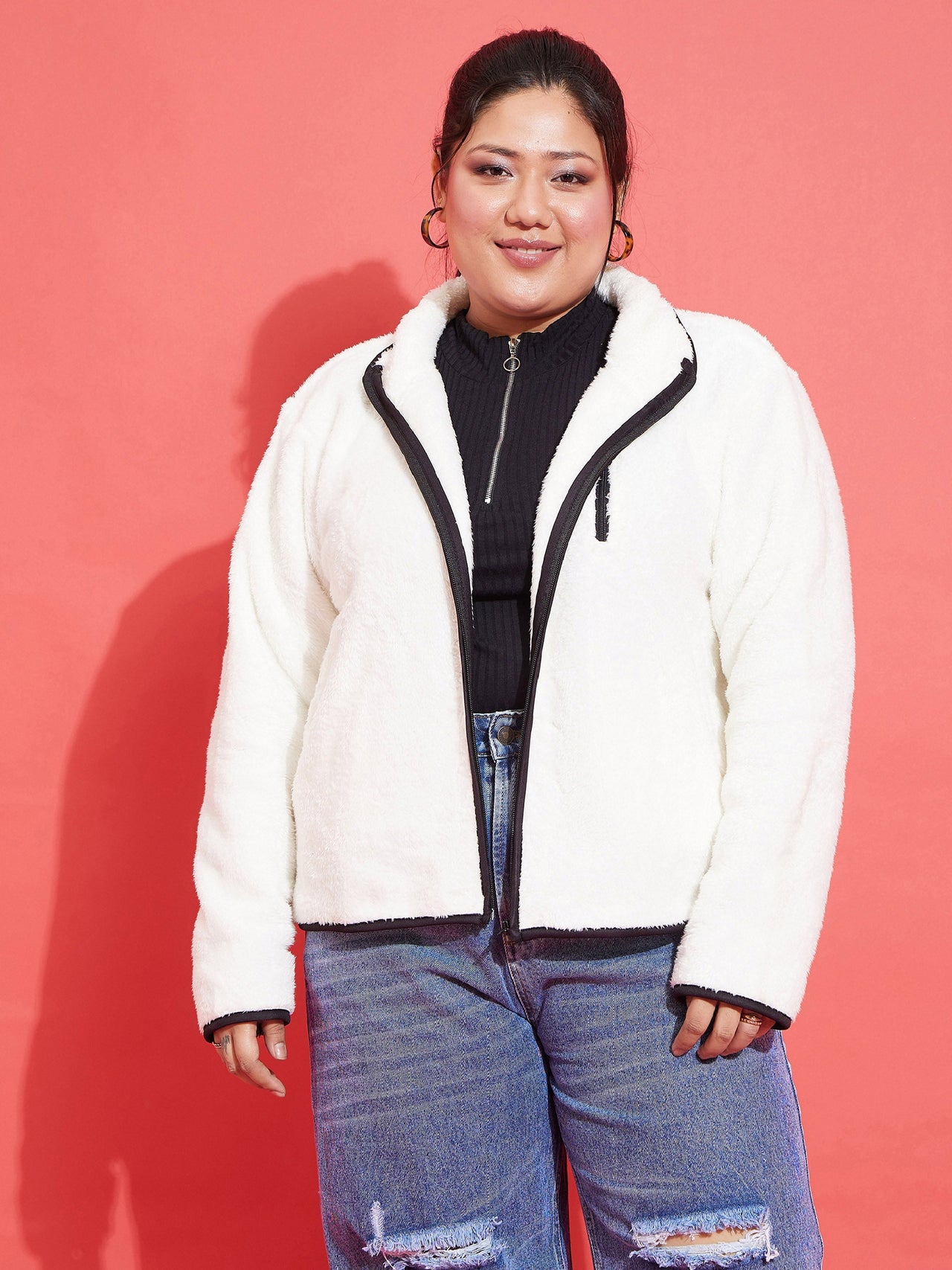Lyush Women White Fur Contrast Piping Zipper Jacket - Distacart