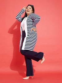 Thumbnail for Lyush Women Navy & White Striped Front Open Shrug - Distacart