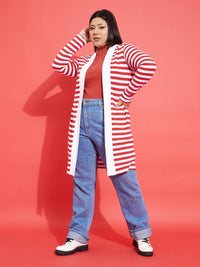 Thumbnail for Lyush Women Red & White Striped Front Open Shrug - Distacart
