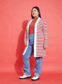 Thumbnail for Lyush Women Red & White Striped Front Open Shrug - Distacart