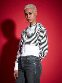 Thumbnail for Lyush Women Black & White Striped Fleece Hooded Jacket - Distacart