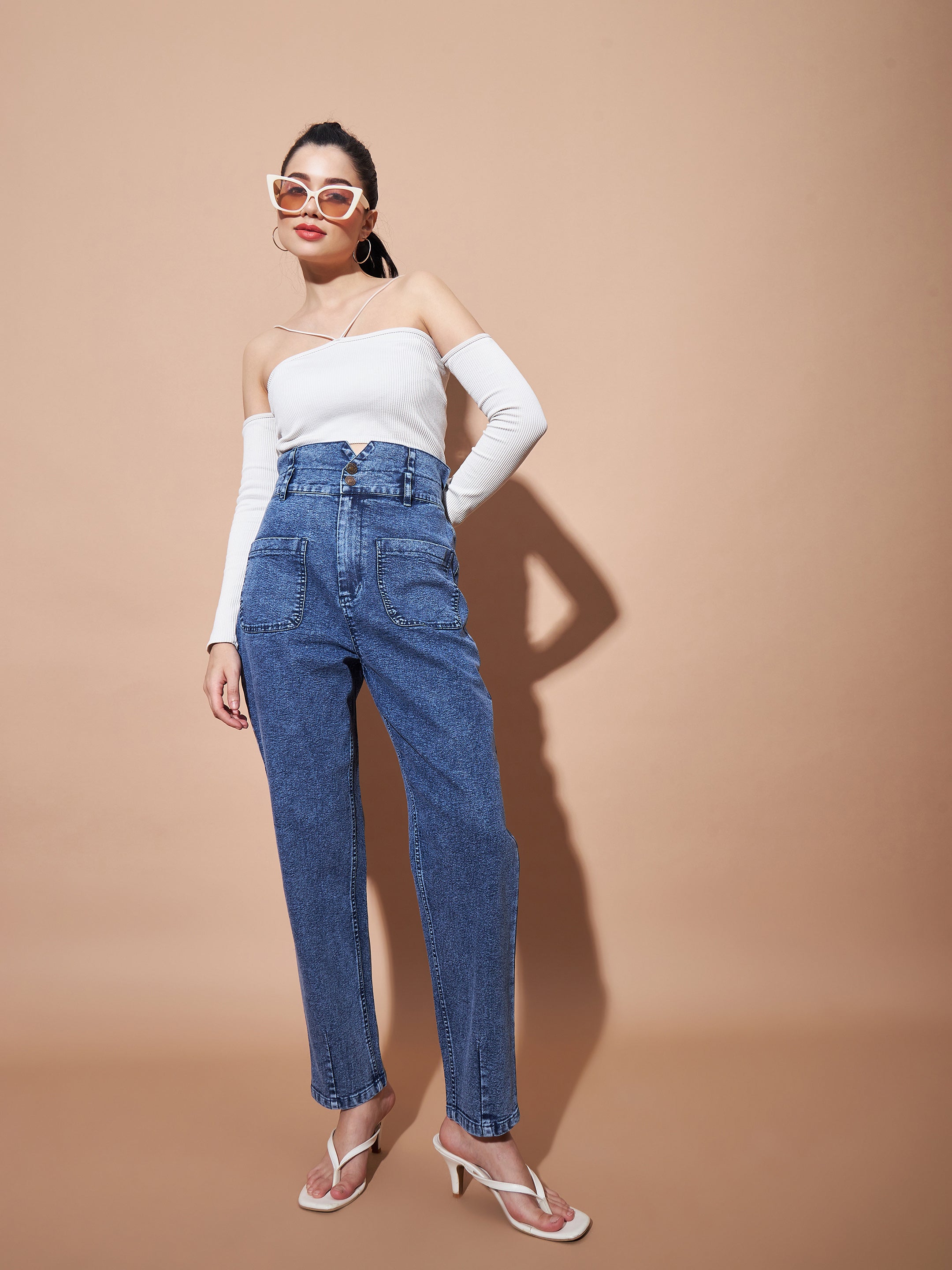 Buy Lyush Women Blue High PaperBagWaist Baggy Jeans Online at Best