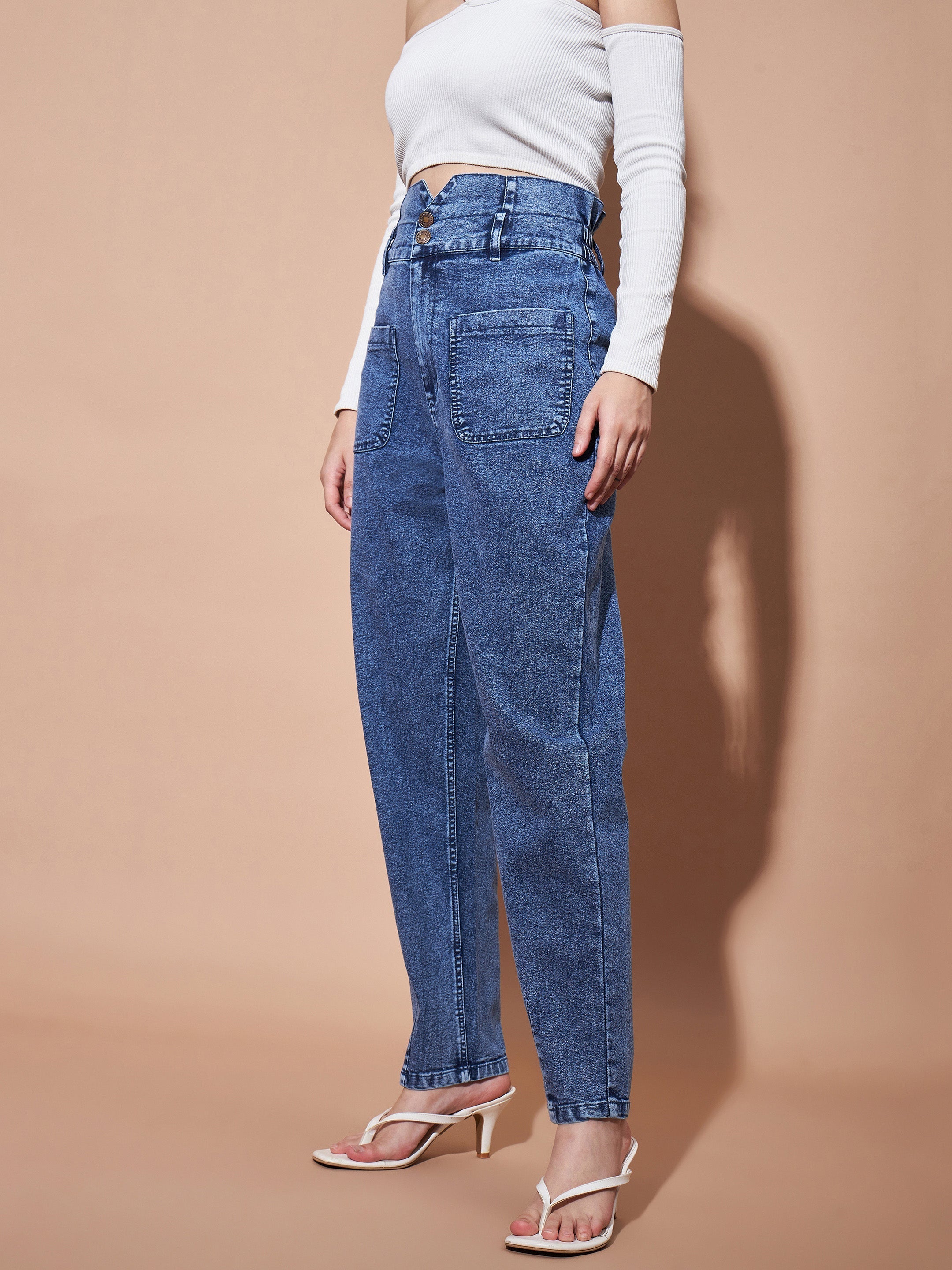 Buy Lyush Women Blue High PaperBagWaist Baggy Jeans Online at Best