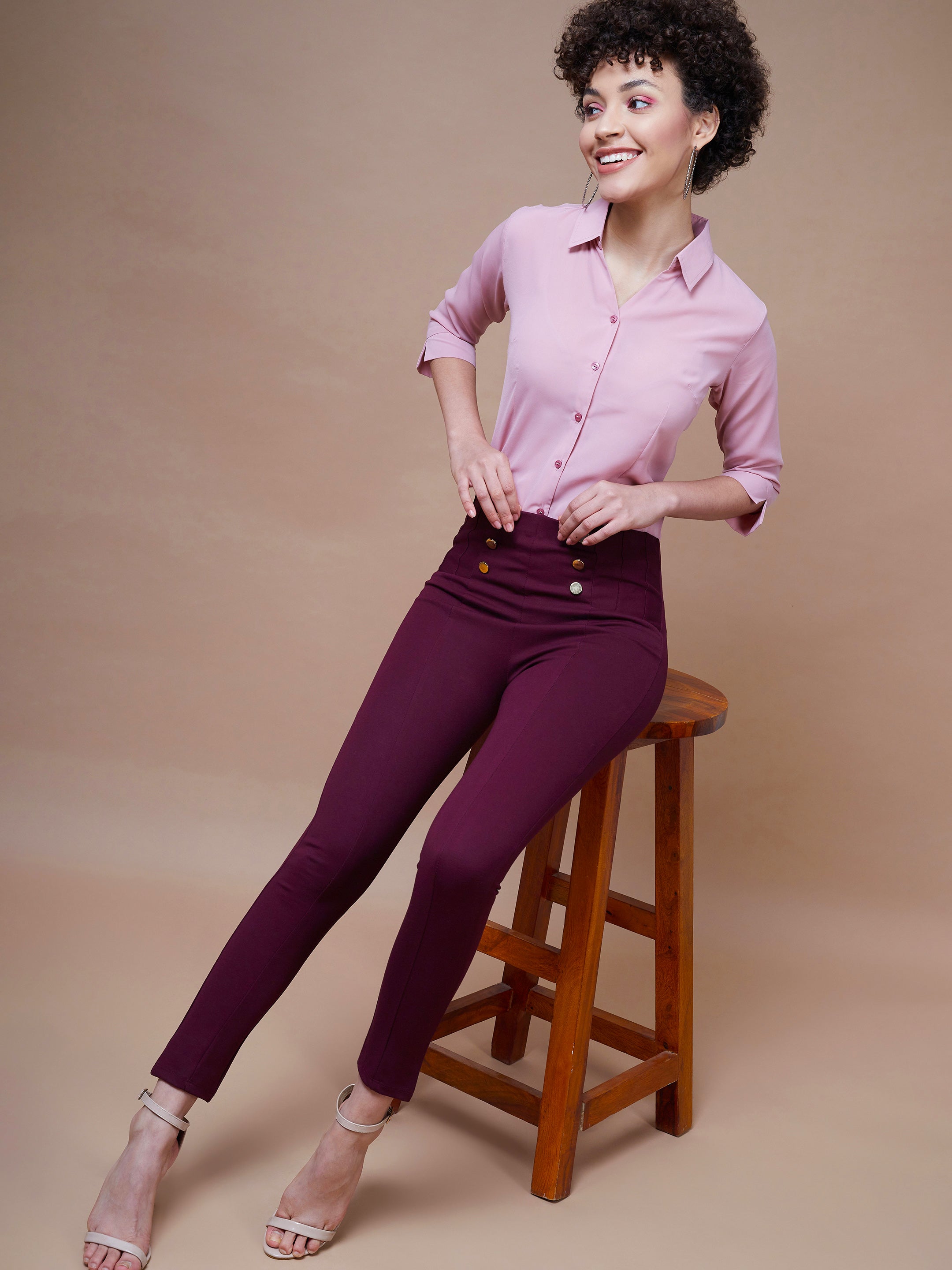 Buy Lyush Women Burgundy Show Button Jeggings Online at Best Price