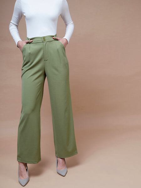 Lyush Women Olive Pleated Straight Stretchable Pants - Distacart