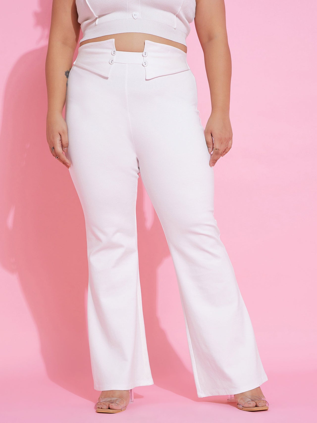 Lyush Women White Front Button Bell Bottom Trousers - Distacart