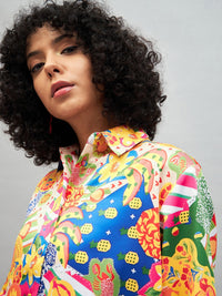 Thumbnail for Lyush Women Yellow Multi Satin Abstract Oversized Shirt - Distacart