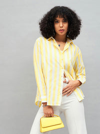 Thumbnail for Lyush Women Yellow & White Cotton Striped Regular Shirt - Distacart
