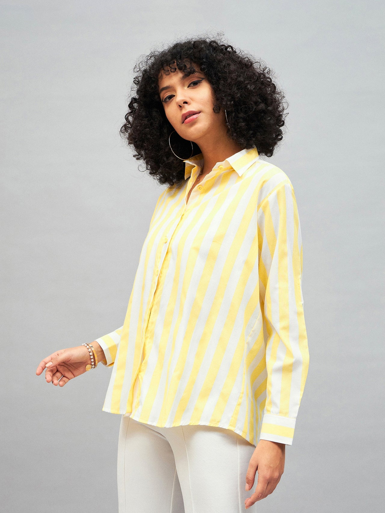 Lyush Women Yellow & White Cotton Striped Regular Shirt - Distacart