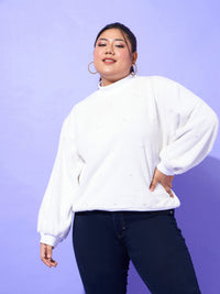 Thumbnail for Lyush Women White Fleece Fur Pearl Detail Sweatshirt - Distacart