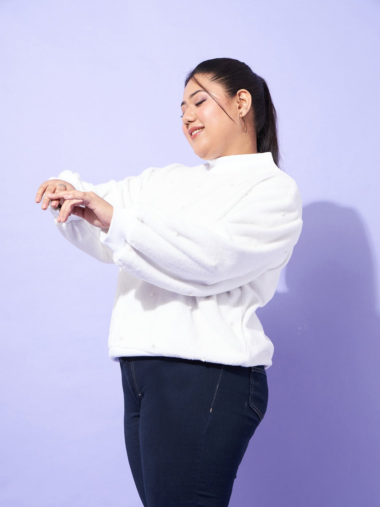 Lyush Women White Fleece Fur Pearl Detail Sweatshirt - Distacart