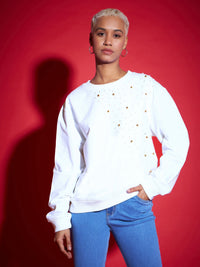Thumbnail for Lyush Women White Terry Pearl Embellished Oversized Sweatshirt - Distacart