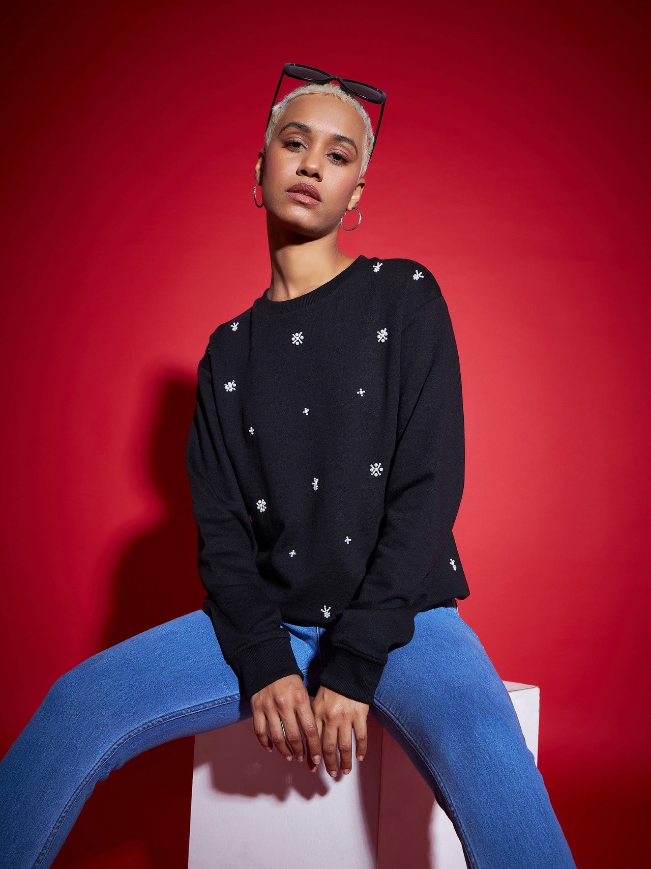 Lyush Women Black Terry All Over Pearl Sweatshirt - Distacart