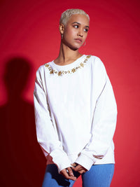 Thumbnail for Lyush Women White Terry Neck Embroidered Oversized Sweatshirt - Distacart