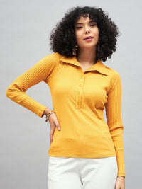 Thumbnail for Lyush Women Yellow Rib Polo Neck Full Sleeves Top - Distacart