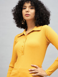 Thumbnail for Lyush Women Yellow Rib Polo Neck Full Sleeves Top - Distacart