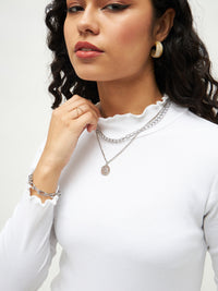 Thumbnail for Lyush Women White Rib High Neck Full Sleeve Top - Distacart