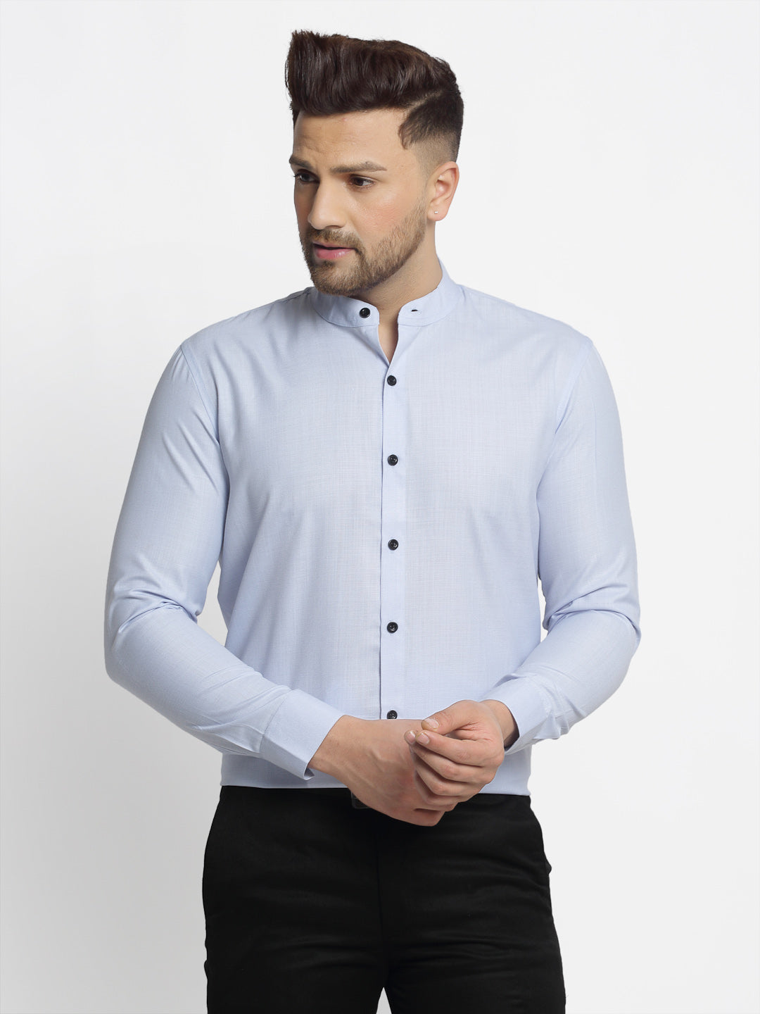 Jainish Blue Men's Cotton Solid Mandarin Collar Formal Shirts ( SF 726Sky ) - Distacart
