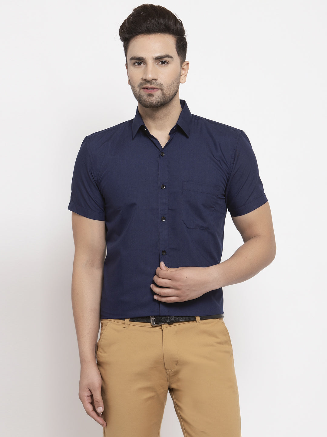 Jainish Navy Men's Cotton Half Sleeves Solid Formal Shirts ( SF 754Navy ) - Distacart