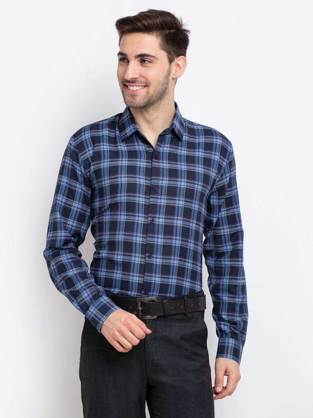 Jainish Blue Men's Checked Cotton Formal Shirt ( SF 786Blue ) - Distacart