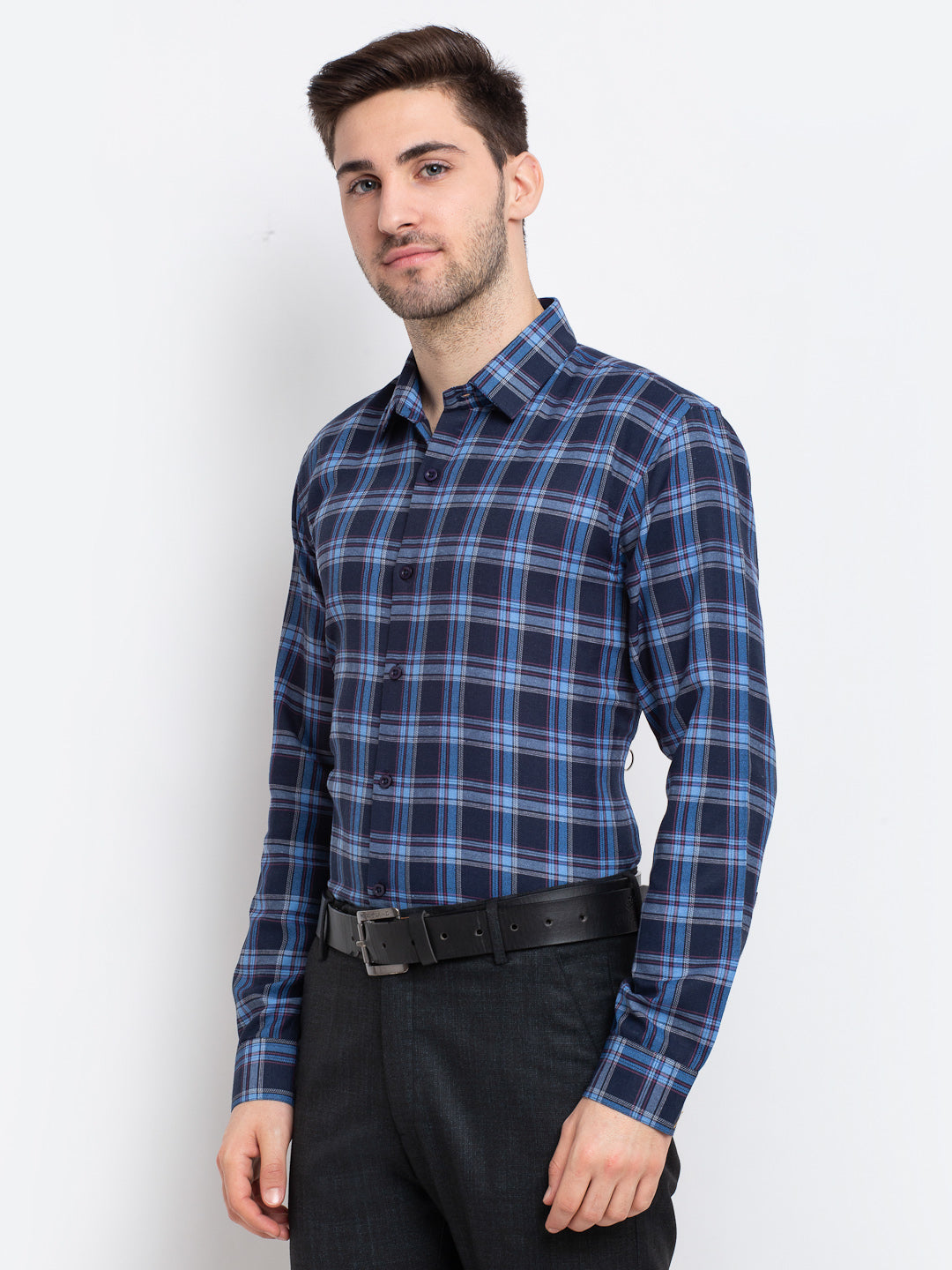 Jainish Blue Men's Checked Cotton Formal Shirt ( SF 786Blue ) - Distacart