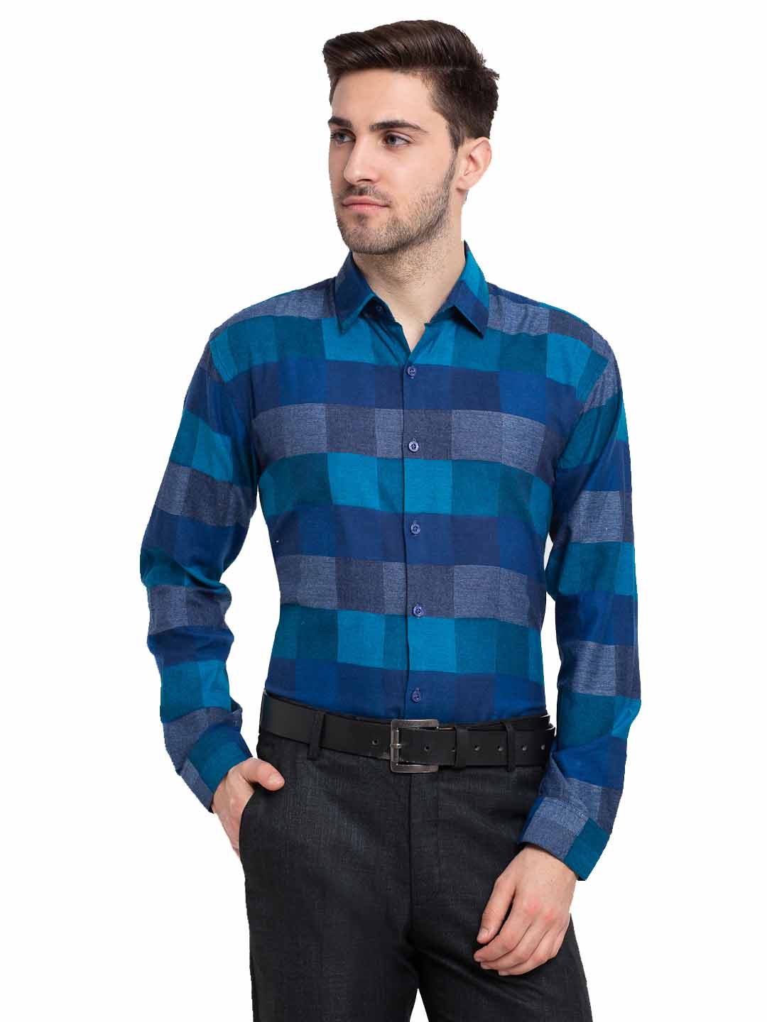 Jainish Blue Men's Checked Cotton Formal Shirt ( SF 787Blue ) - Distacart