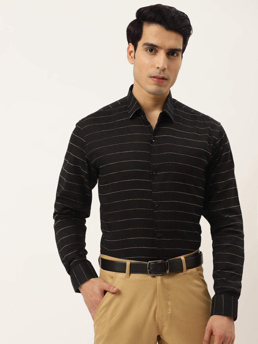 Jainish Men's Formal Cotton Horizontal Striped Shirt ( SF 790Black ) - Distacart
