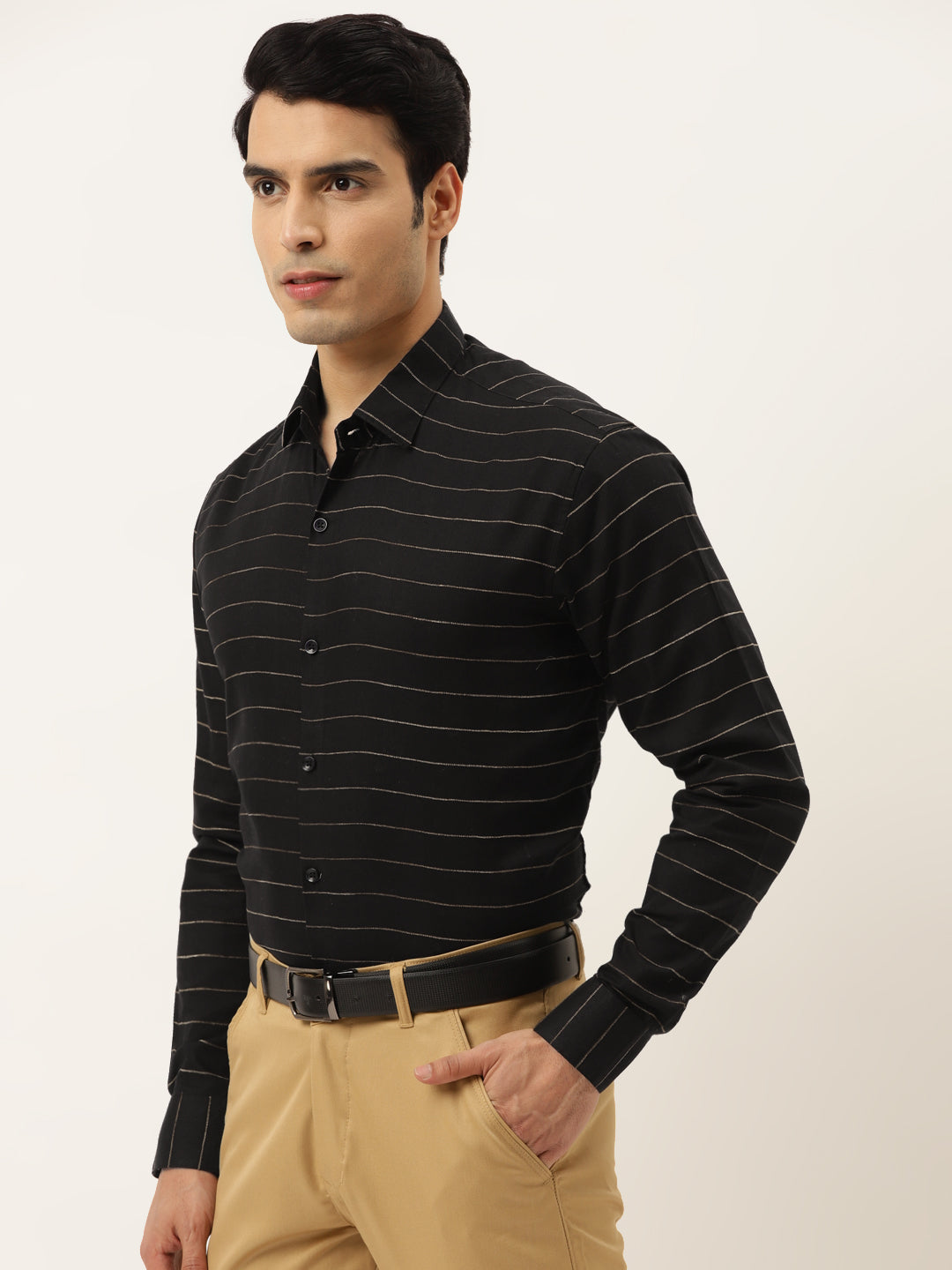 Jainish Men's Formal Cotton Horizontal Striped Shirt ( SF 790Black ) - Distacart