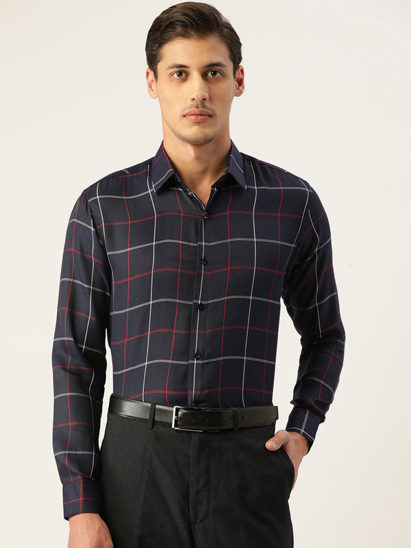 Jainish Men's Cotton Checked Formal Shirts ( SF 797Navy ) - Distacart