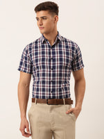 Thumbnail for Jainish Men's Cotton Checked Half Sleeve Formal Shirts ( SF 808Navy ) - Distacart