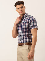 Thumbnail for Jainish Men's Cotton Checked Half Sleeve Formal Shirts ( SF 808Navy ) - Distacart