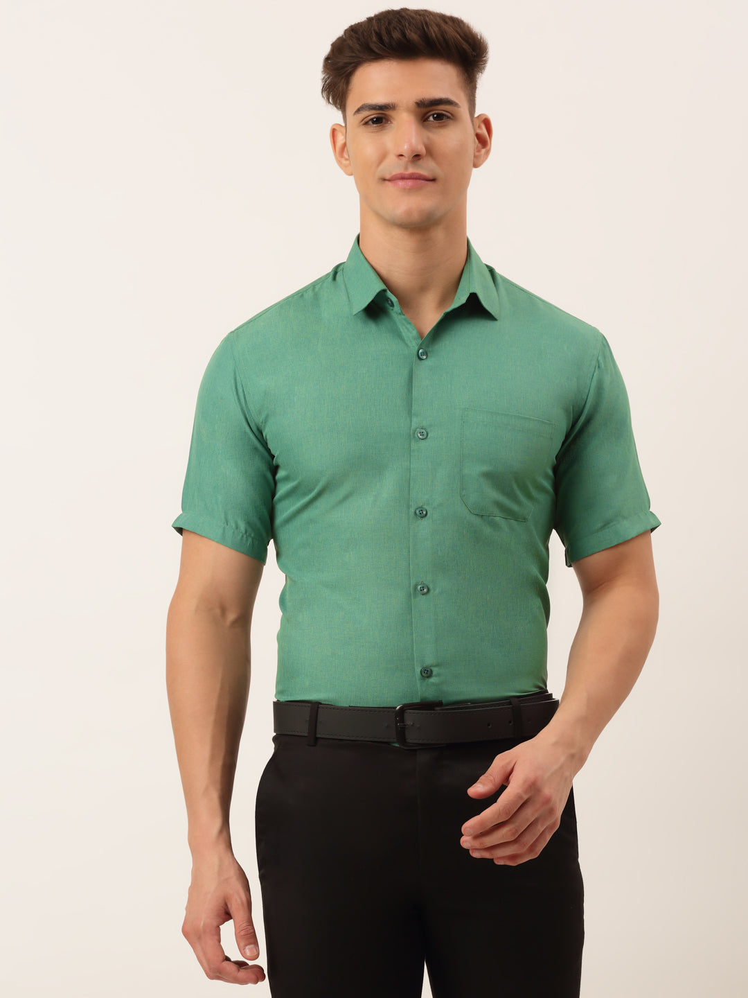 Jainish Men's Cotton Solid Half Sleeve Formal Shirts ( SF 811Green ) - Distacart