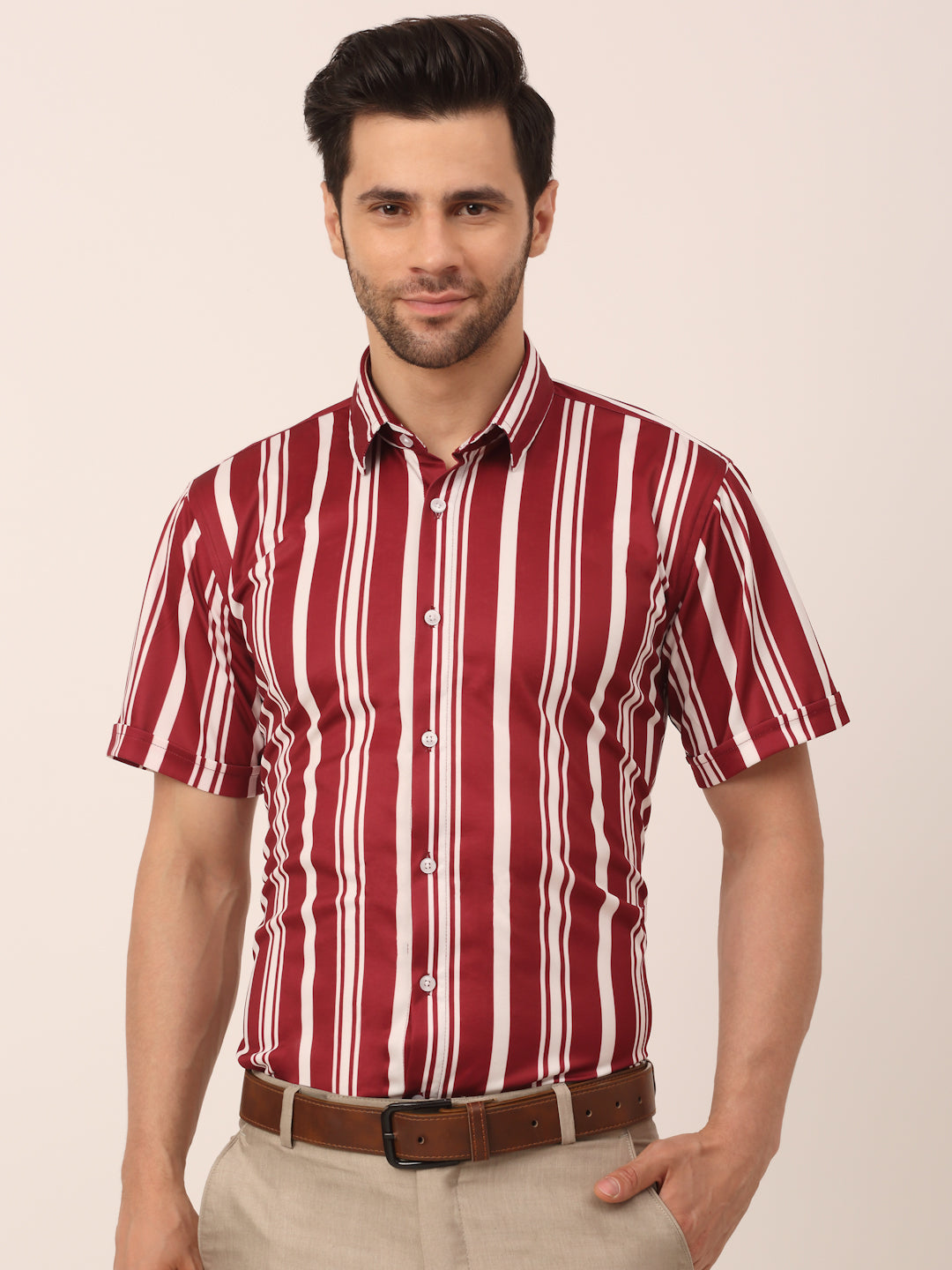 Jainish Men's Lycra Striped Half Sleeve Formal Shirts ( SF 812Maroon ) - Distacart