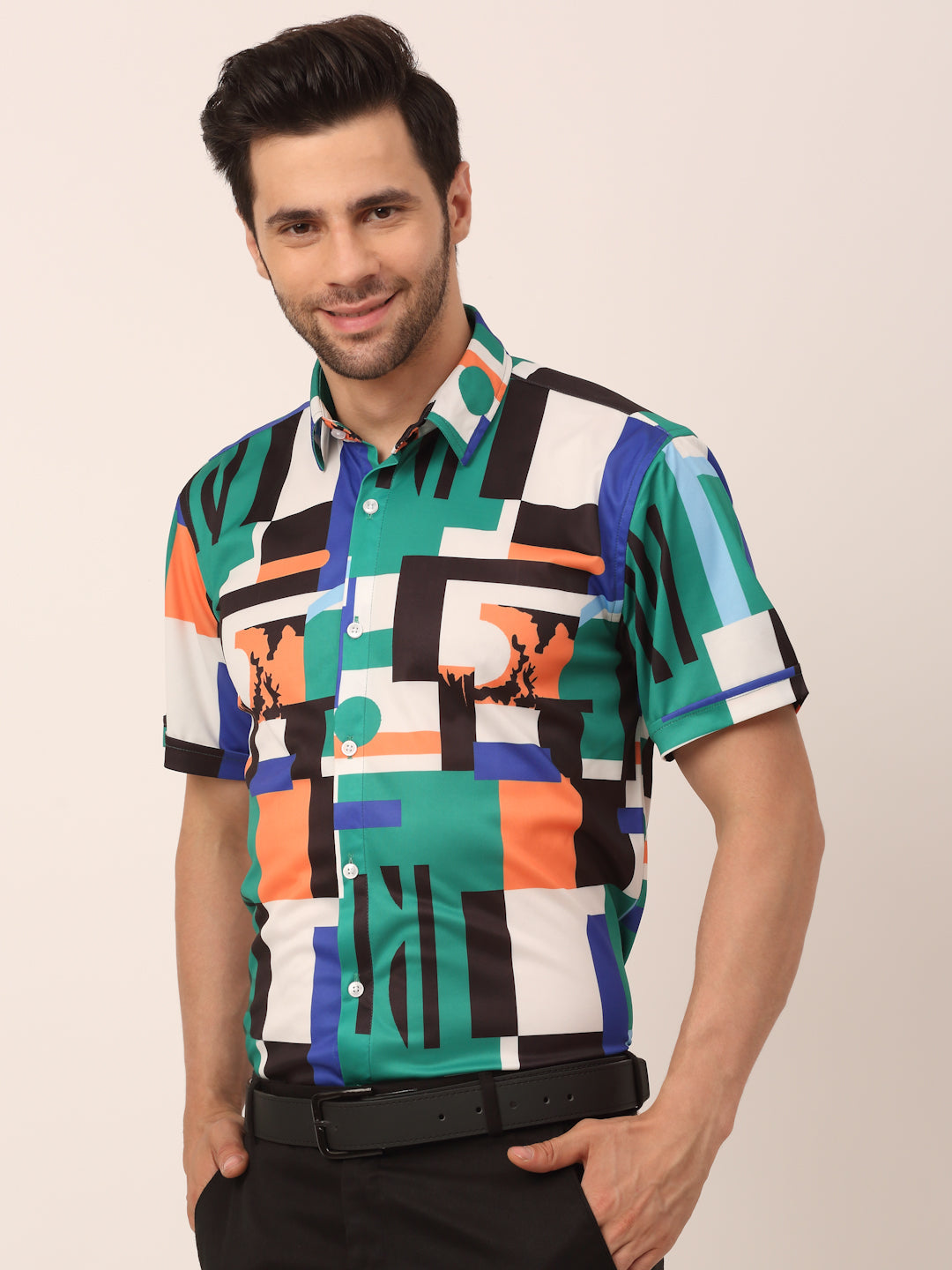 Jainish Men's Lycra Printed Half Sleeve Formal Shirts ( SF 814Green ) - Distacart