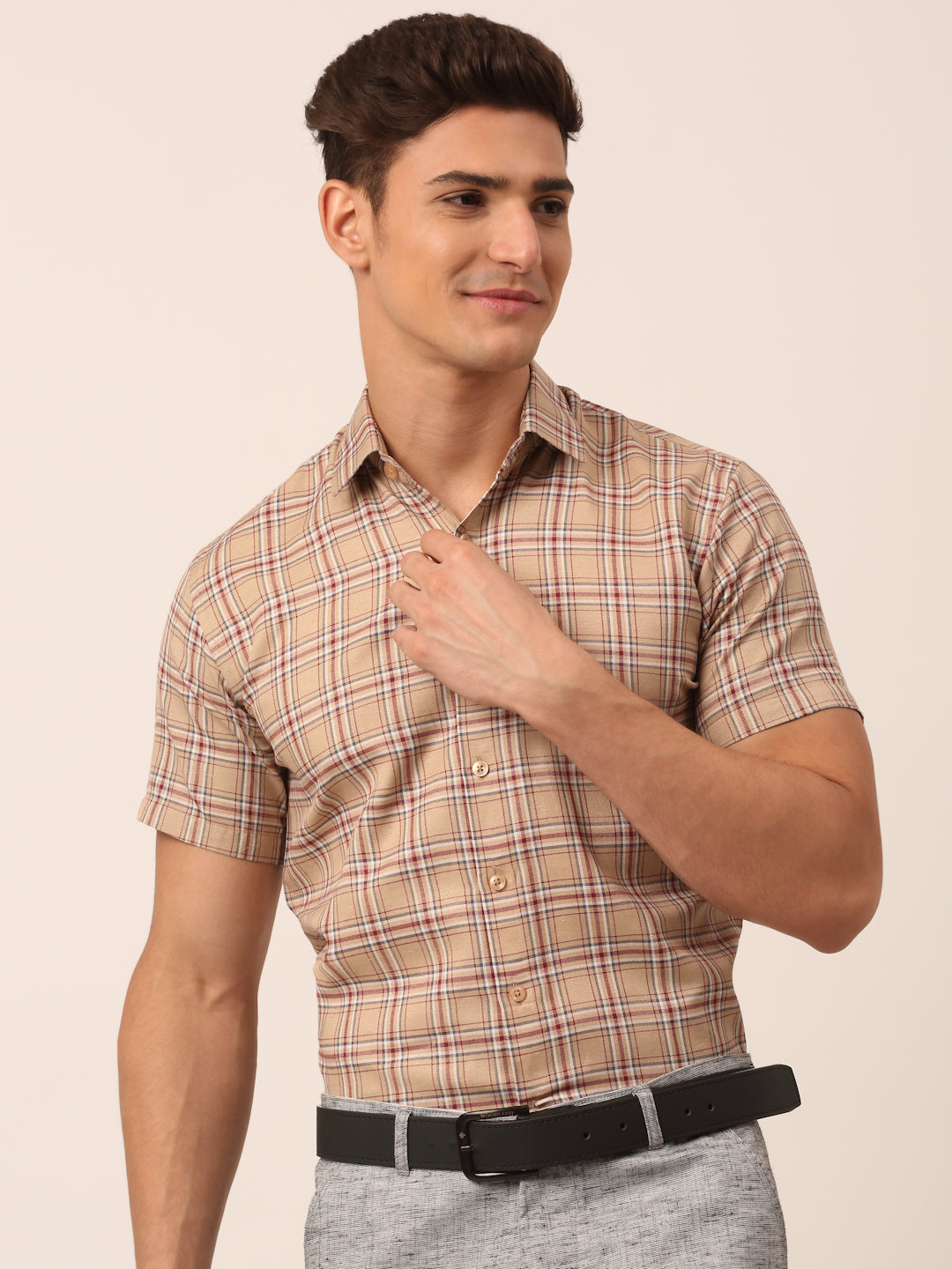 Jainish Men's Cotton Checked Half Sleeve Formal Shirts ( SF 815Brown ) - Distacart