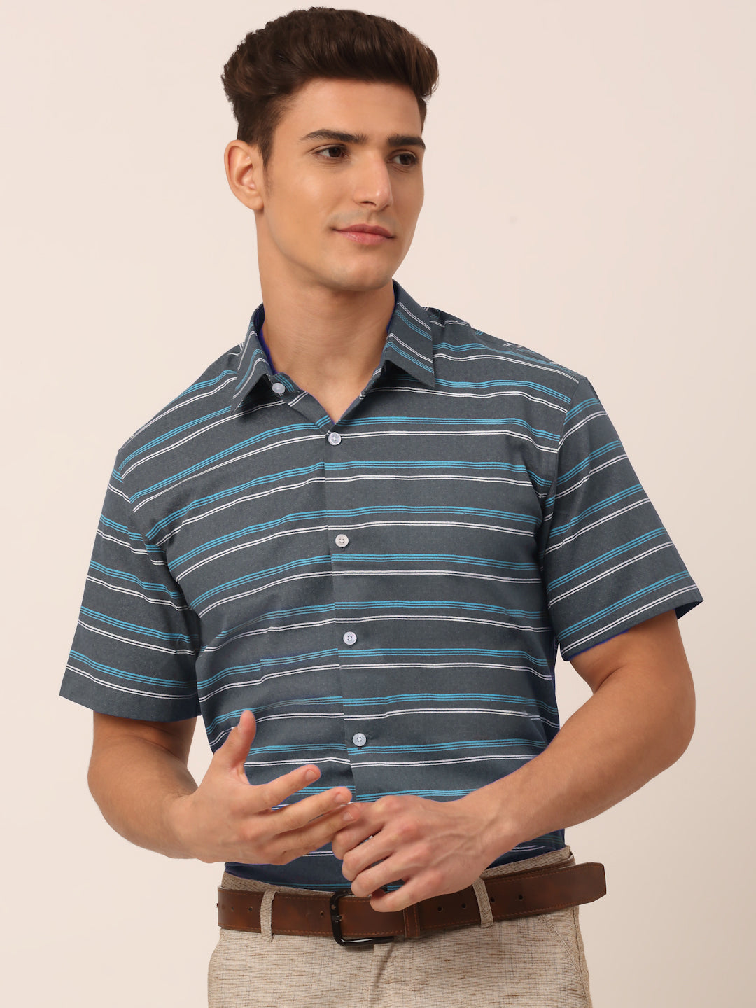 Jainish Men's Cotton Striped Half Sleeve Formal Shirts ( SF 816Grey ) - Distacart