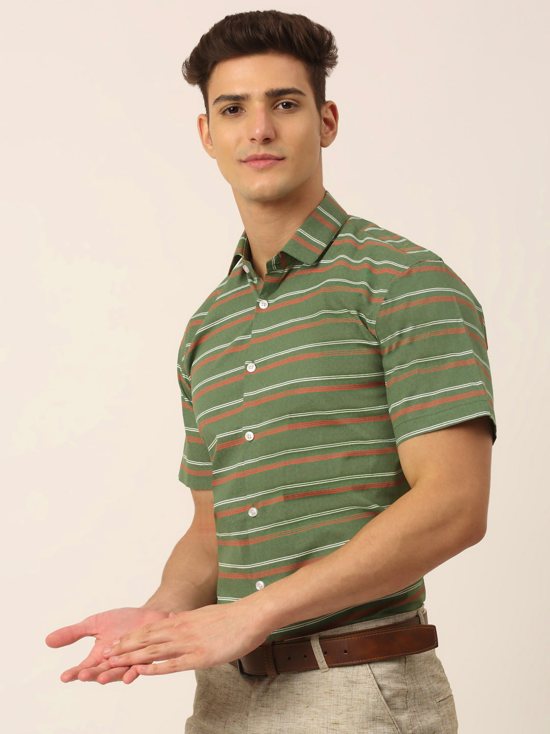 Jainish Men's Cotton Striped Half Sleeve Formal Shirts ( SF 816Olive ) - Distacart