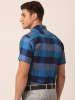 Thumbnail for Jainish Men's Cotton Checked Half Sleeve Formal Shirts ( SF 817Blue ) - Distacart