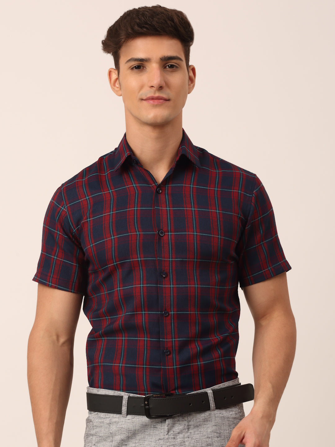 Jainish Men's Cotton Checked Half Sleeve Formal Shirts ( SF 818Red-Blue ) - Distacart