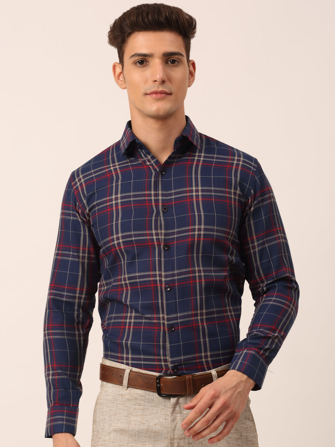 Jainish Men's Cotton Checked Formal Shirts ( SF 819Navy ) - Distacart