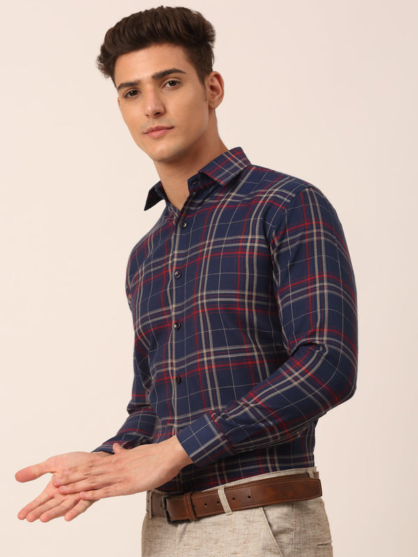 Jainish Men's Cotton Checked Formal Shirts ( SF 819Navy ) - Distacart